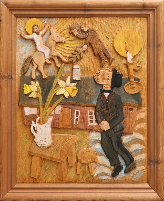 KRISTIAN HOLMQVIST. BEMÅLAD TRÄRELIEF, "SKOMAKAREN FRÅN RÖSTÅNGA", 1980.