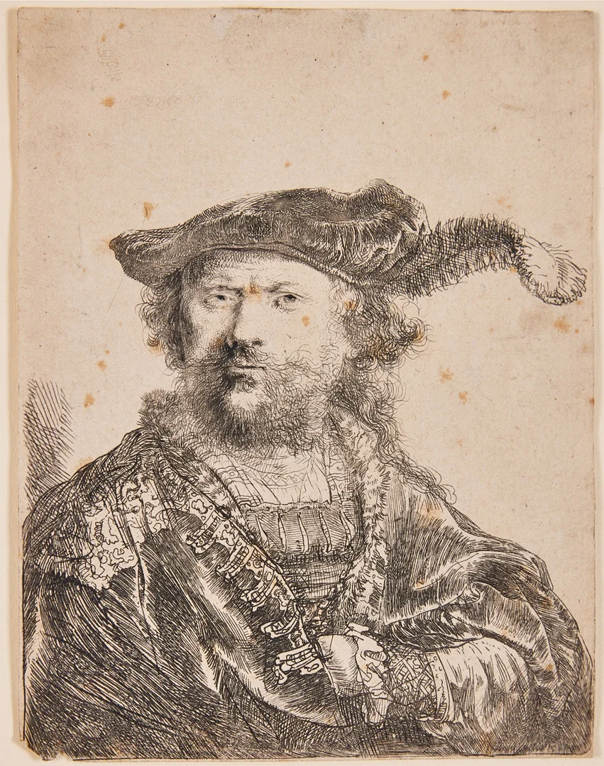REMBRANDT HARMENSZ VAN RIJN. "Self-Portrait in a Velvet Cap with Plume", etsning, 1638, 13,4 x 10,3 cm. — Engravings & Prints — Stockholms Auktionsverk Fine Art