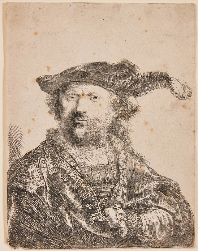 REMBRANDT HARMENSZ VAN RIJN. "Self-Portrait in a Velvet Cap with Plume", etsning, 1638, 13,4 x 10,3 cm.