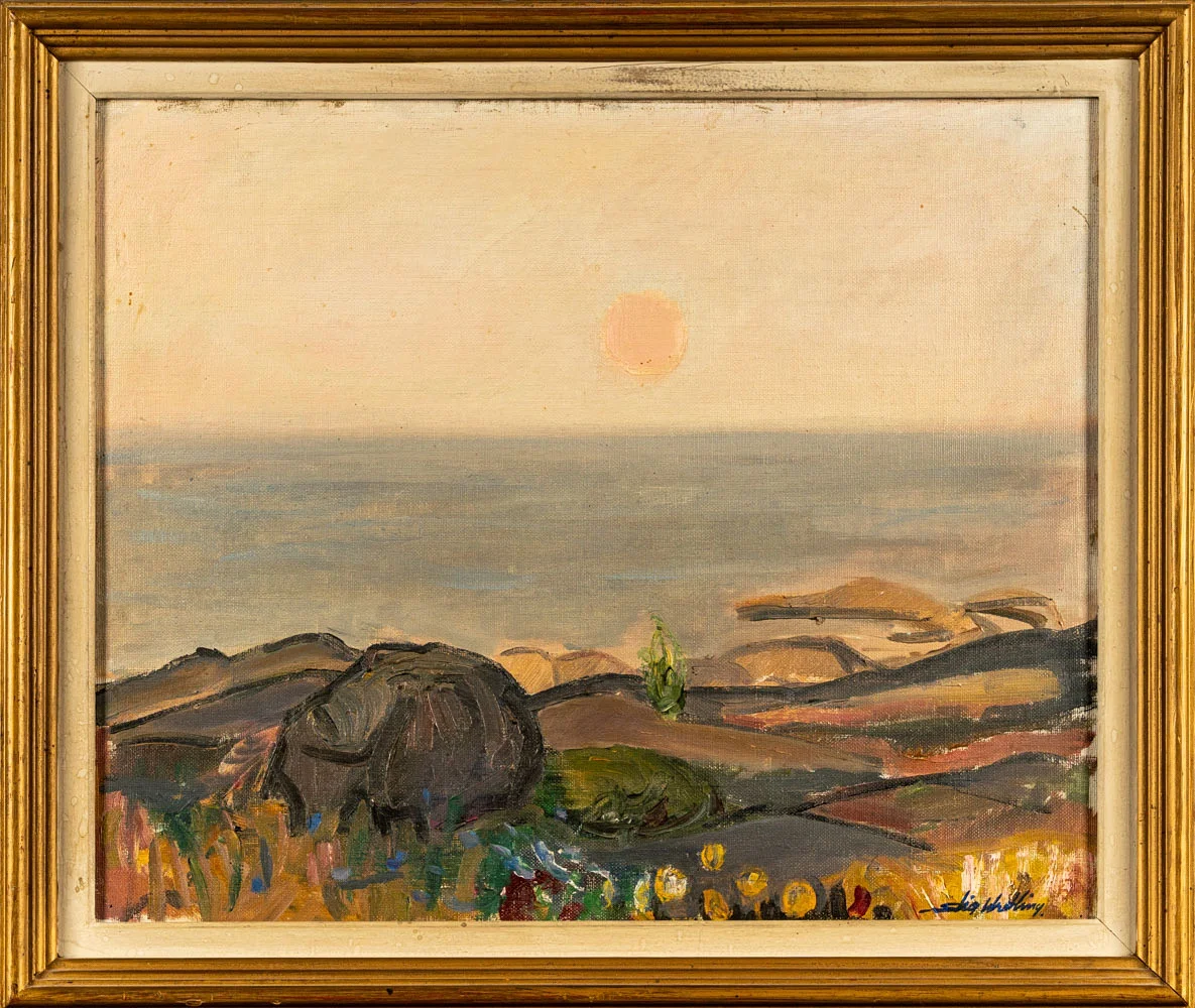 STIG WRETLING. Olja på pannå, "Augustikväll vid havet, Obbola". — Paintings — Norrlands Auktionsverk