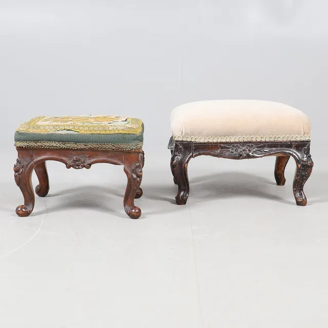 TWO SMALL CARVED STOOLS.