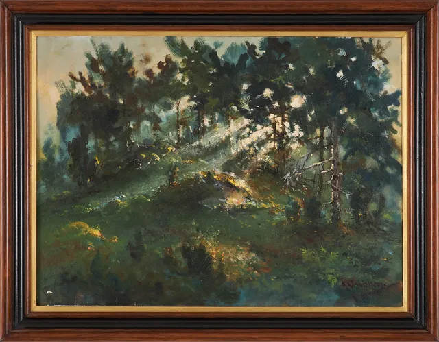 RUNE WAHLSTRÖM. (1916-1968). Skogsglänta, olja på duk, signerad R Wahlström.