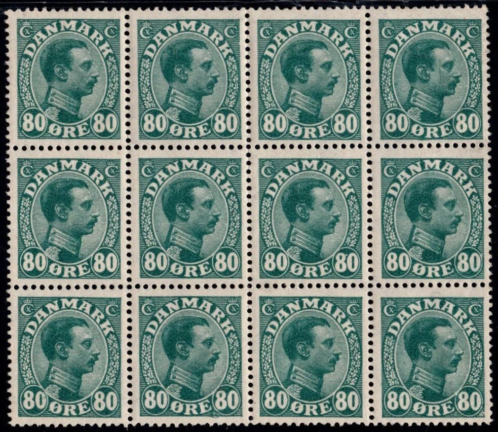 1915. Christian X. 80 Øre, blue-green. Never hinged block of 12 — Hobby and collectibles/Stamps — Lauritz