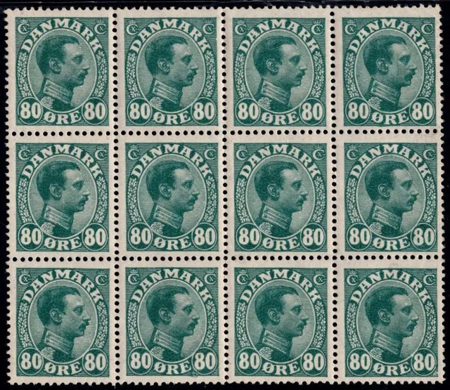 1915. Christian X. 80 Øre, blue-green. Never hinged block of 12