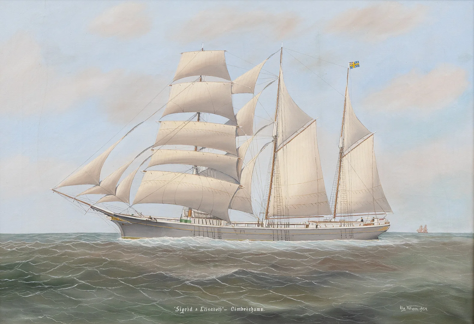ALGOT NILSSON. Barken Sigrid Elisabeth, Cimbrishamn, olja på duk, signerad och daterad 1954. — Paintings — Garpenhus Auktioner