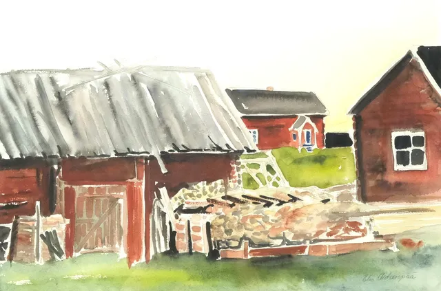 ELIS AIDANPÄÄ. AKVARELL, LADA OCH UTHUS.