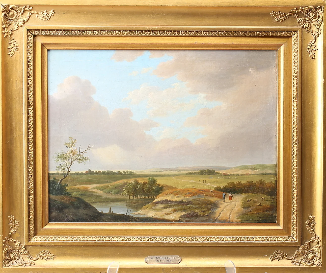 LANDSCHAFTSMALER. Weite, holländische Landschaft mit Bauern und Vieh auf Feldweg. Öl/Lwd./Holztafel. 19. Jahrhundert. — Paintings — Auktionshaus Dannenberg