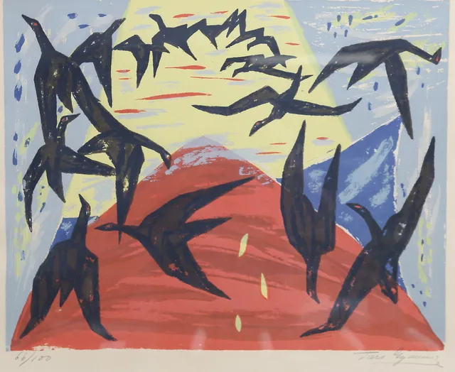LARS GYNNING. "Fågelön". Färglitografi, signerad och numrerad 66/100.