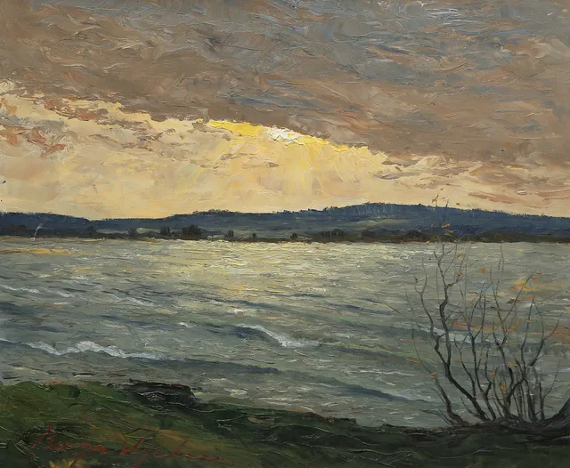BIRGER HJELM. "Höstkväll vid Boren", olja på pannå, signerad och daterad 1948.