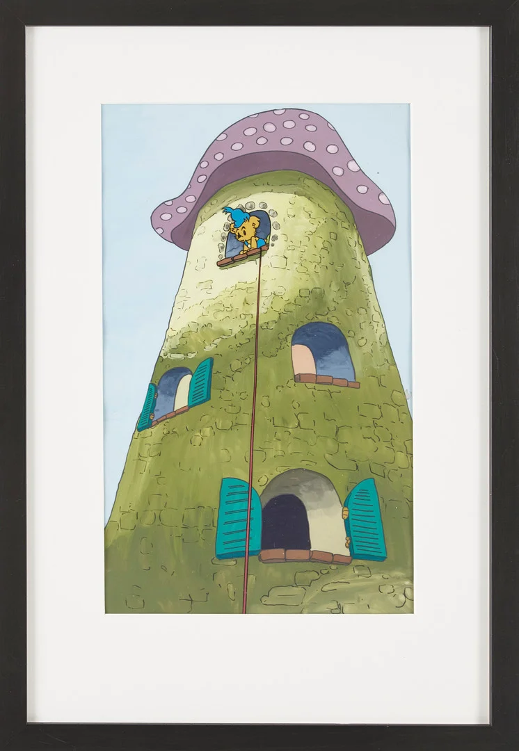 RUNE ANDRÉASSON. Bamse, handmålad filmcell ur "Bamse i Trollskogen", från 1991, scen 130:15, monterad på den handmålade originalbakgrunden. — Paintings — Stockholms Auktionsverk Magasin 5