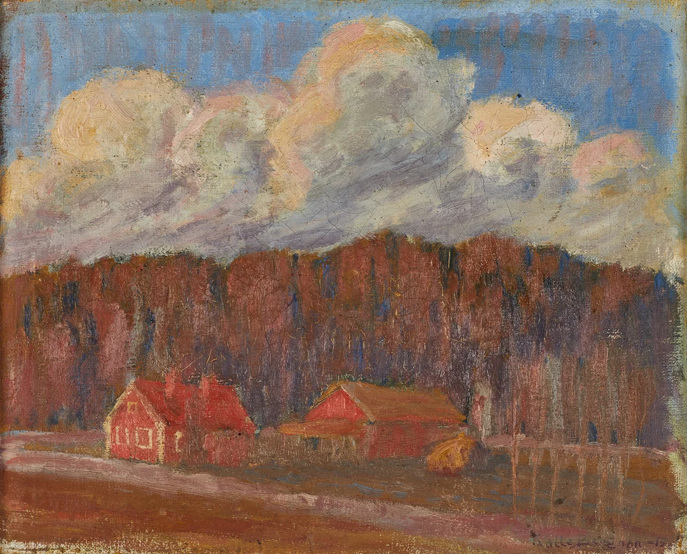 KARL BERGMAN (1891-1965), Röda hus med skog, signerad och daterad Kalle Bergman -15, olja på duk. — Paintings — Crafoord Auktioner Stockholm
