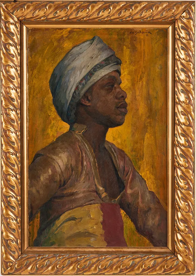 ALF SUNDSTRÖM. Porträtt av man i turban.