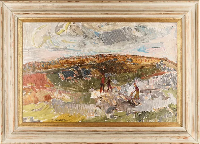 ARNE ISACSSON. Olja på duk, Figurer i landskap, Signerad.