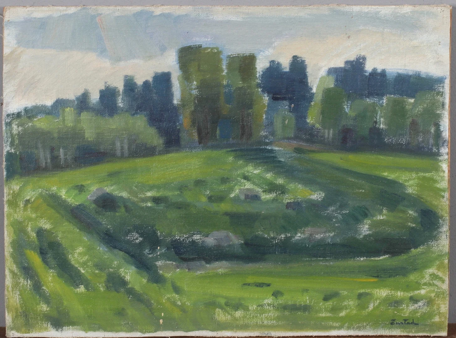BERNHARD ÖNSTAD. "Gammal mark", olja på dukpannå, signerad. — Paintings — Stadsauktion Sundsvall