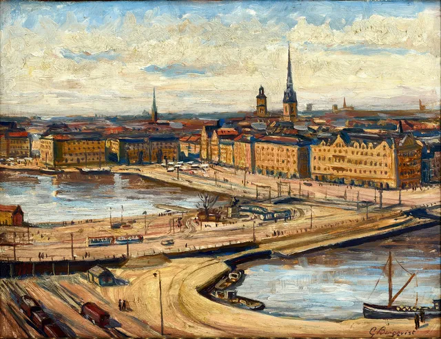 GUNNAR BERGQVIST (1903-1995): Utsikt över Slussen-Stockholm, signerad G. Bergqvist, olja på pannå.