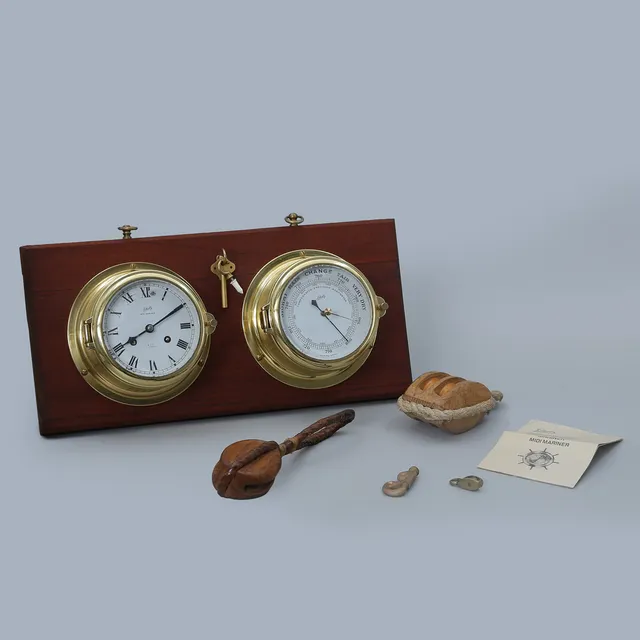 MARINA FÖREMÅL, 5 DELAR, BAROMETER / KLOCKA, BLOCK MM.