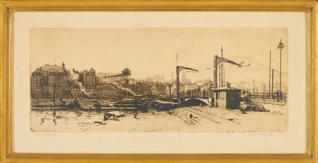 HARALD SALLBERG. "Slussen, Stockholm, torrnålsgravyr, signerad och daterad 1926.