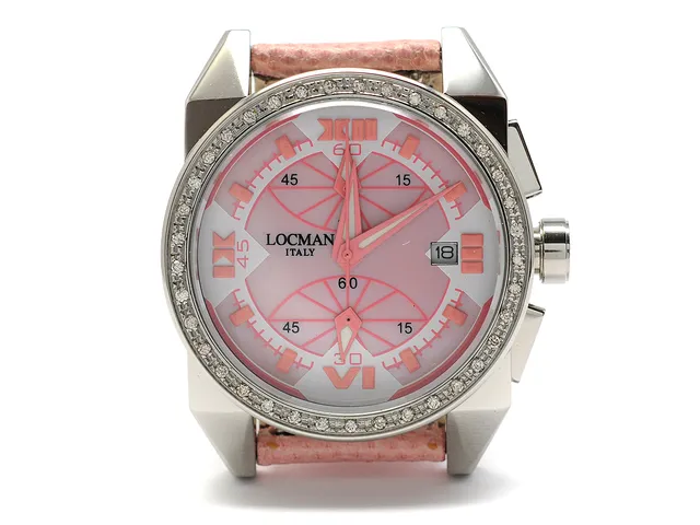 LOCMAN, Crazy Horse, Ref nr. 161, Serie nr. 7889, kronograf, midsize, 38 mm, stål, mineralglas, datum, pärlemorurtavla, diamantkrans (37 st. W-Cr/SI, ca 0,45 ctv), läderband, originalspänne, cert (ej ifyllt), ca 2009, box, ytterkartong.