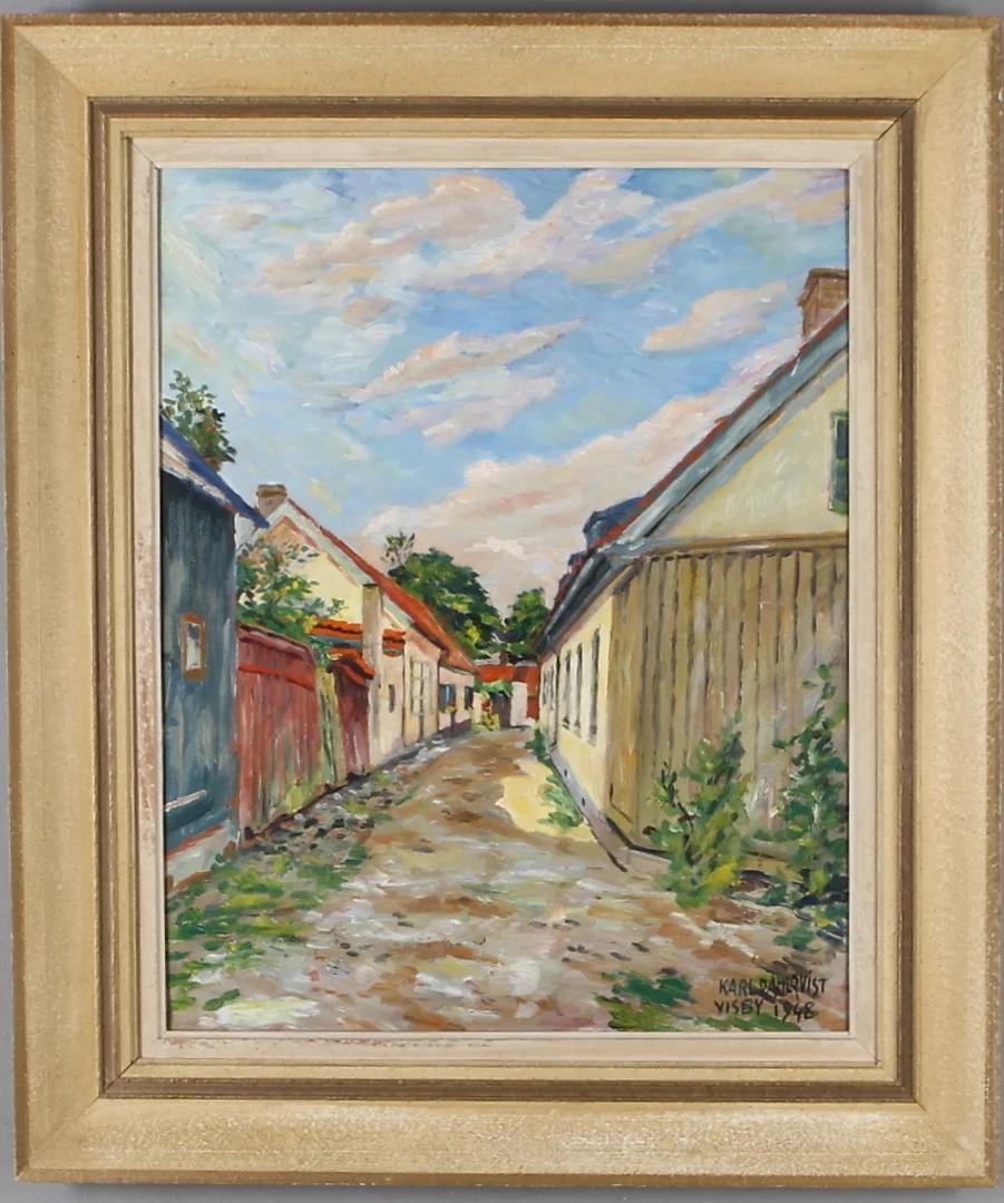 KARL DAHLQVIST. "Visby", olja på pannå, signerad samt daterad 1948. — Paintings — Auktionshuset Kolonn