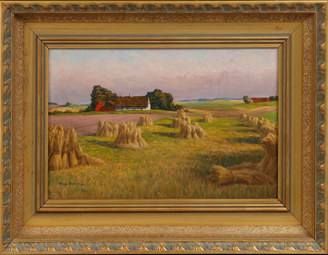 WILHELM DAHLBOM. Landskap med gård och hässjor, olja på duk, signerad och daterad 1921.