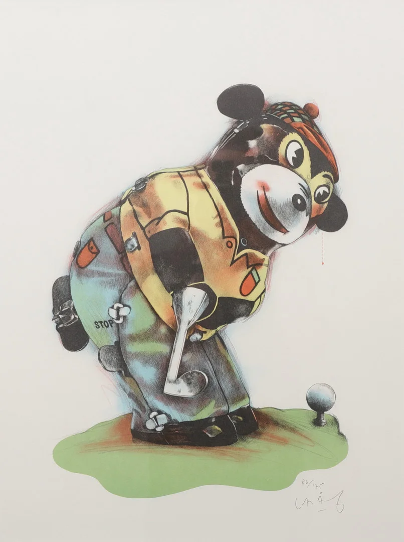 LASSE ÅBERG. "Mechanical Bear Golfer", litografi, signerad, numrerad 86/175. — Engravings & Prints — Växjö Auktionskammare