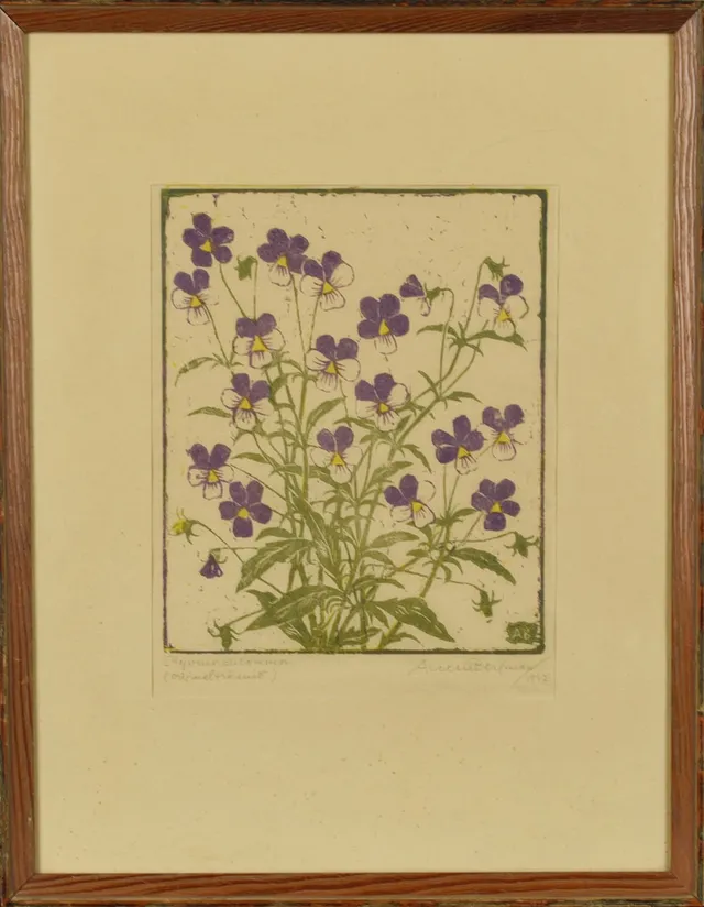 ANNIE BERGMAN. Originalträsnitt, "Styvmorsblommor", Signerad, 1947.