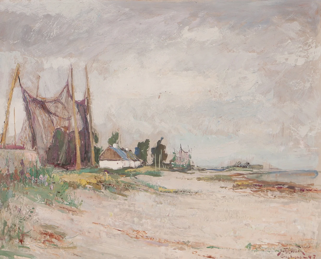 GOTTHARD OLSSON. Strandparti med fiskenät, olja på pannå, signerad -47. — Paintings — Helsingborgs Auktionskammare