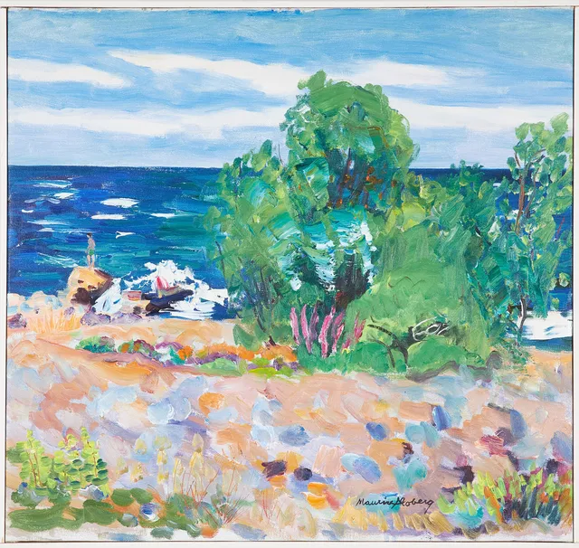 MAURICE MOBERG (1923-2014). "Kattviksstrand", kustlandskap med badande, olja på duk, signerad samt daterad 1976.