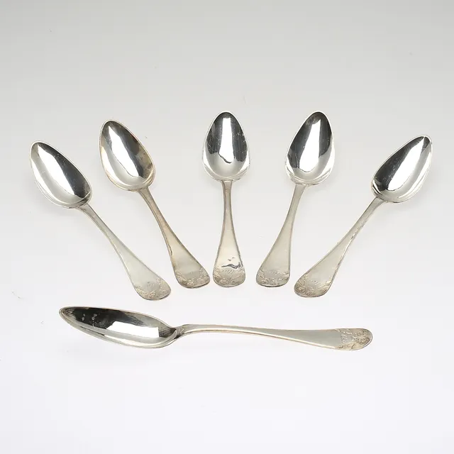 SKEDAR, 6 st, silver, Johan Petter Hedman (1829-1861), Norrköping 1834. Totalvikt ca 388 g.