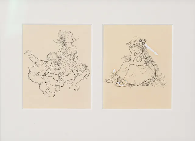 ILON WIKLAND. Originalillustrationer troligen till "Mia-Pia" av Brita af Geijerstam (utgiven 1958, Bonniers), 2 st, tusch med täckvitt.