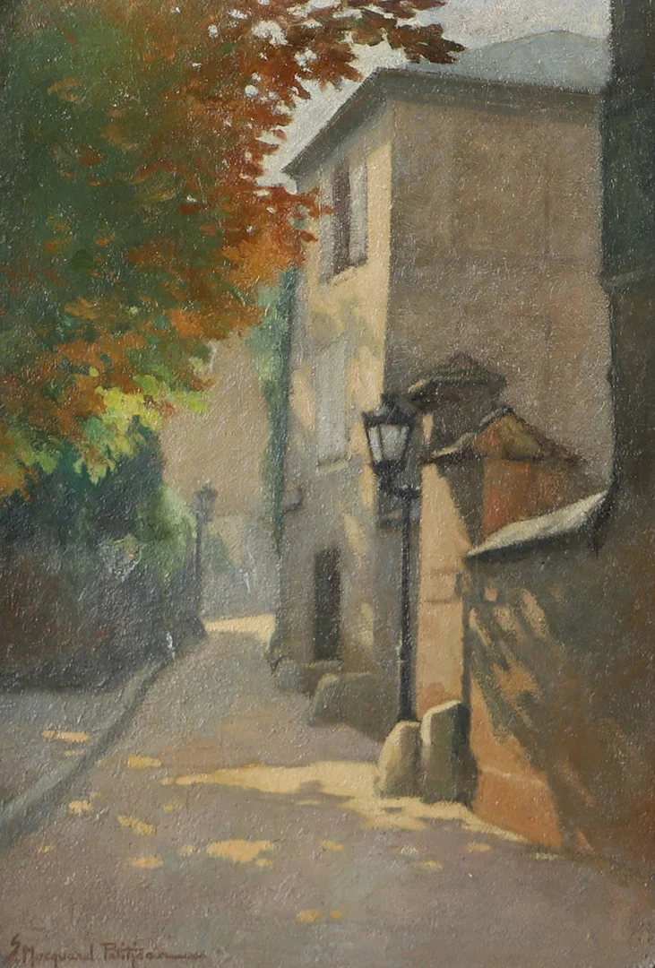 OIDENTIFIERAD KONSTNÄR. Gatubild, olja på pannå, otydligt signerad. — Paintings — Helsingborgs Auktionskammare