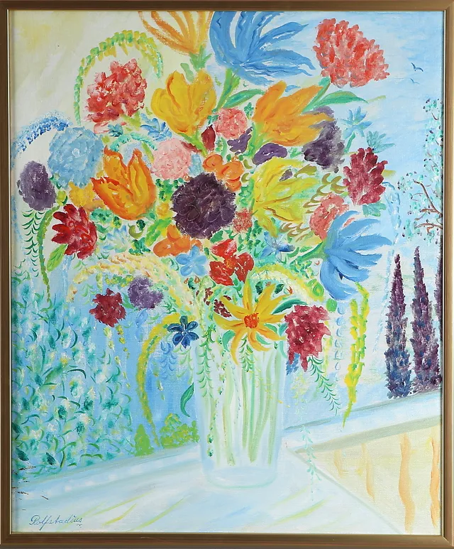 ÅKE ROLFSTADIUS. "Blommor i fönster", olja på duk, signerad.