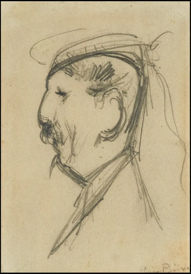 HUGO BIRGER (1854-1887), Mansprofil i hatt, påskrift, blyerts 1854 i Stockholm, död 17 juni 1887.
