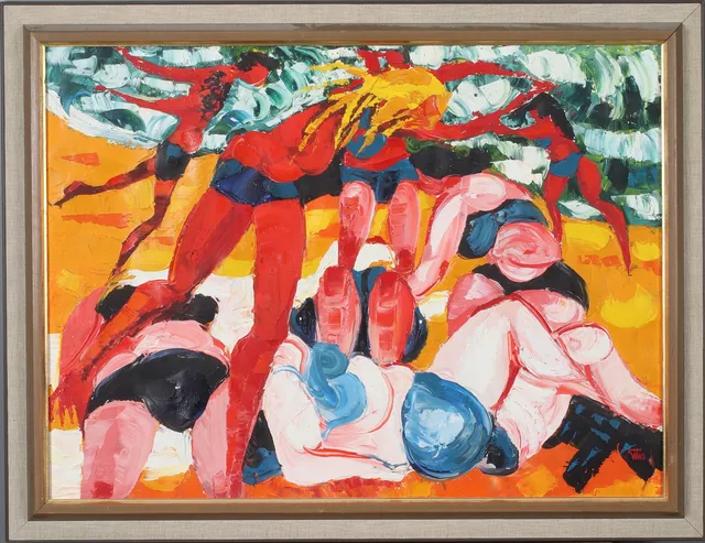 BENGT ELLIS. Figurkomposition, olja på duk, signerad.