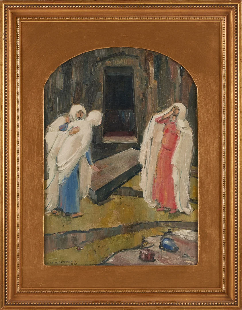 OLLE HJORTZBERG. Bibliskt motiv, Matteus evangeliet, oljemålning på pannå, signerad och daterad 1936. — Paintings — Stockholms Auktionsverk Magasin 5