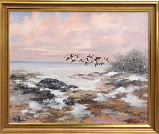 BERTIL WIDBRANT. "Sjöfågelsträck", olja på duk, signerad.