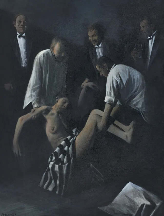 KJELL JÖRSTEDT (1943-2022). "Svärtans andar", ur sviten "Nöjesliv", signerad och daterad Jörstedt 1997, olja på duk.