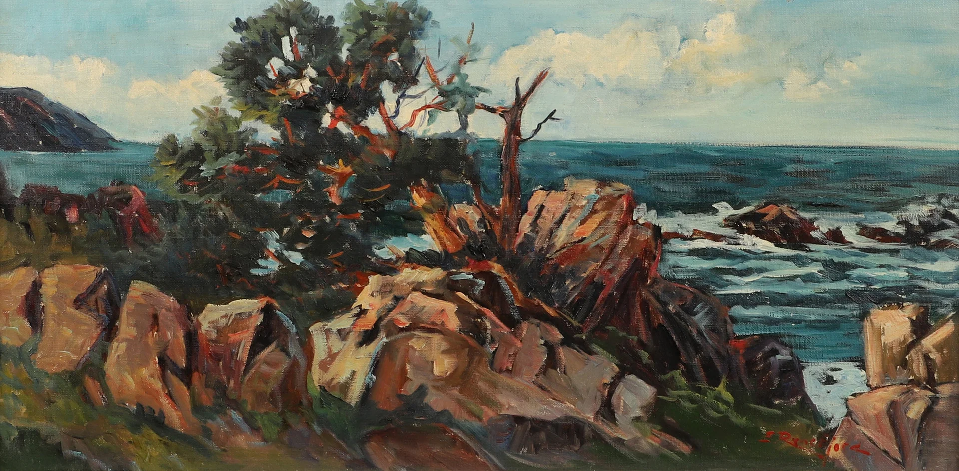 EMIL RUNEFJORD. Kustparti med tallar, olja på duk, signerad E. Runefjord. — Paintings — Helsingborgs Auktionskammare