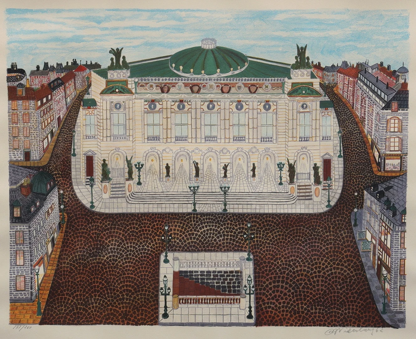 ARVID WIDERBERG. "Operahuset i Paris," färglitografi nr 131/260, signerad och daterad A Widerberg -62. — Engravings & Prints — Auktionsmagasinet Vänersborg