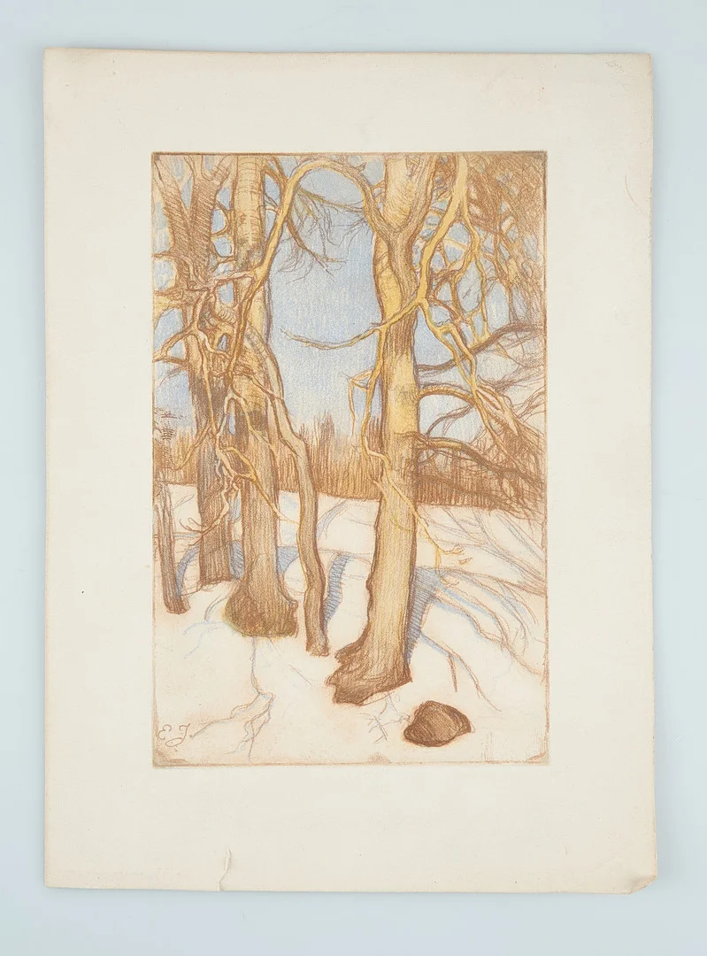 EERO JÄRNEFELT. "Vintriga träd" (1914), i plåten signerad E J, mjukgrundsetsning. — Engravings & Prints — Stockholms Auktionsverk Helsinki