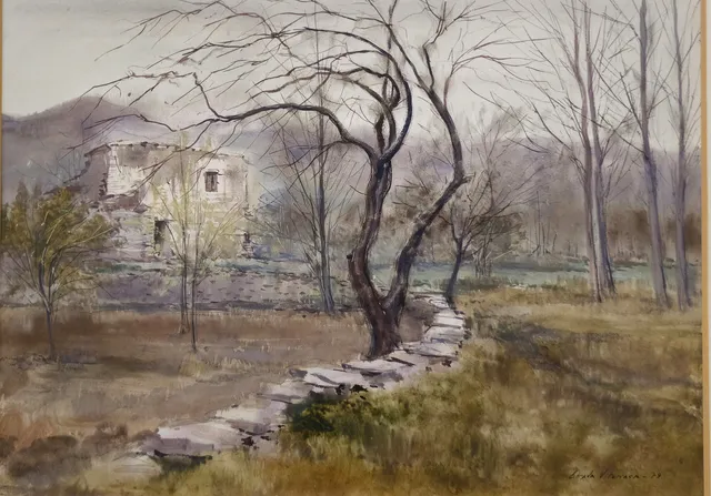 ALBERT ESTRADA VILARRASA. PAISAJE CON CASA RURAL (1979). ACUARELA SOBRE PAPEL. ENMARCADO.
