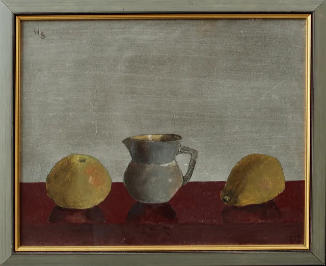 WILGOT SVENSSON. "Äpple och kanna", olja på pannå, monogramsignerad.