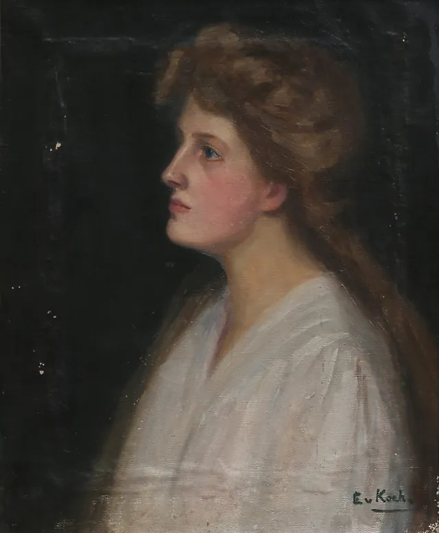 EBBA VON KOCH. Kvinnoporträtt. Olja på duk, signerad.