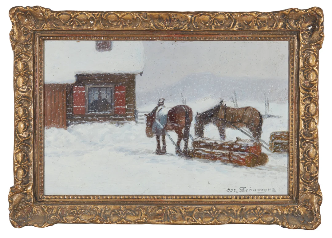 Grønmyra, Oscar — Hester med tømmerlass — Kunst/Maleri — Blomqvist