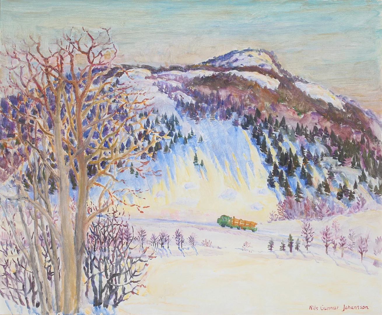 NILS GUNNAR JOHANSSON. Timmerbil i snölandskap, olja på duk, signerad. — Paintings — Stadsauktion Sundsvall
