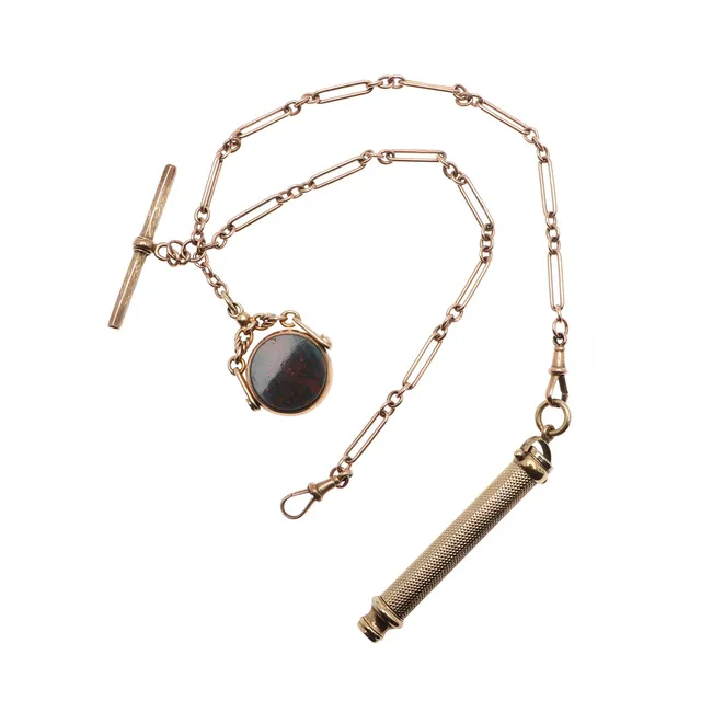 A 9CT GOLD WATCH CHAIN.