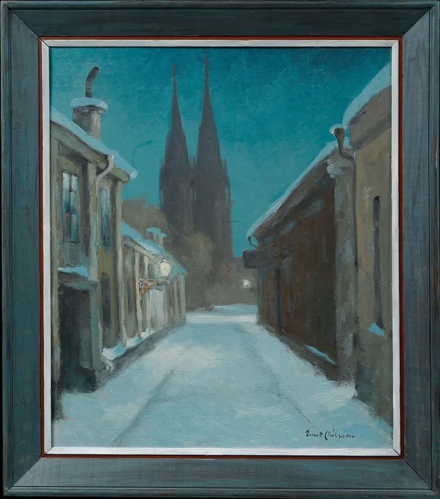 ERNST NILSSON. Stadsbild i vinterskrud, olja på pannå, signerad.