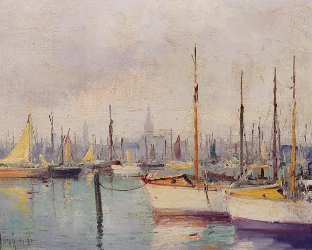 ARUP JENSEN (1909-1956). olja på duk, hamnmotiv.