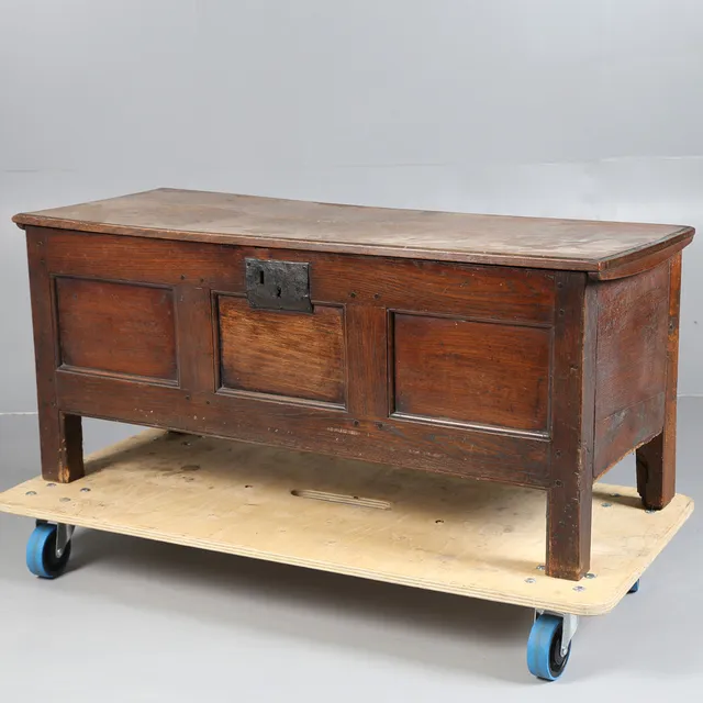 AN 18TH CENTURY AND LATER OAK PANELLED COFFER.