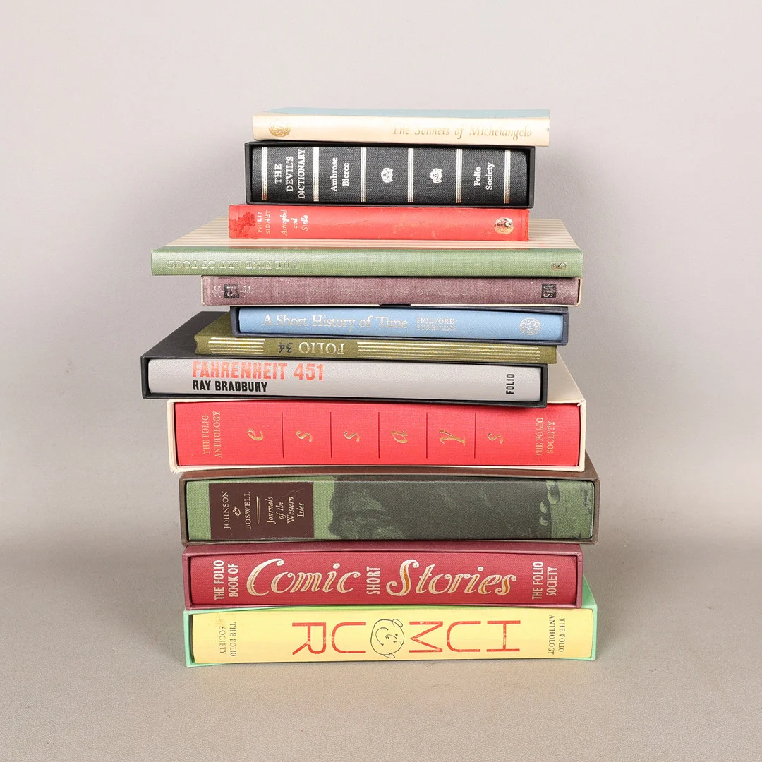 FOLIO SOCIETY; THE SONNETS OF MICHELANGELO, THE DEVIL'S DICTIONARY, ASTROPHEL AND STELLA, THE FINE ART OF FOOD, THE TRAGEDY OF OTHELLO, A SHORT HISTORY OF TIME, FAHRENHEIT 451, JOURNALS OF THE WESTERN ISLES, COMIC SHORT STORIES, HUMOR (12). — Books — Bishop & Miller